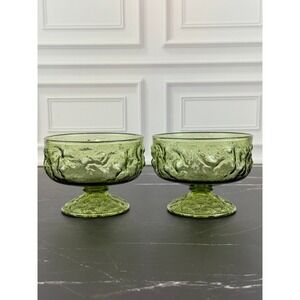 VTG PAIR (2) Anchor Hocking Lido Milano Green Glass Dessert Sherbet Coupes Mint!